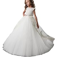 Kids Evening Gown First Communion Dresses for Girls with Bow Belt Lace Appliques Pageant Gowns 2019