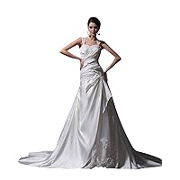 Ivory Satin A Line Sweep Train Applique Wedding Dress With Open Back