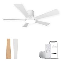 52 Inch Ceiling Fan with Light, Flush Mount Ceiling Fan with 5 Blades, Dimmable, Reversible Motor, 3-Colors Temperatures, 6 Speeds, White Ceiling Fan with Remote for Bedroom