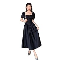 Womens Summer Dresses Solid Puff Sleeve Ruched Bust Long A-Line Dress