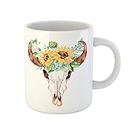 Coffee Mug Watercolor Bull Skull Head Sunflowers Leaves Branches Fern Succulent 11 Oz Ceramic Tea Cup Mugs Best Gift Or Souvenir For Family Friends Coworkers
