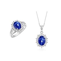 Women's Sterling Silver Princess Diana Ring & Pendant Set. Gemstone & Diamonds, 9X7MM Birthstone. Matching Friendship Jewelry, Sizes 5-10.