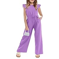 Haloumoning Girls Jumpsuit Kids Fashion Cap Sleeve Belted Wide Leg Romper One Piece Summer Outfits