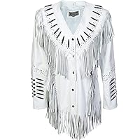 Women's Western American Cowgirl Leather Jacket with Fringes, Beads & Bones (Free Express Shipping)