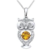 Round Cut Synthetic Citrine & Simulated Diamond Owl Pendant W18 Chain 14k White Gold Plated 925 Sterling Silver
