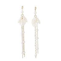 Seashell Floral Pearl Long Earrings Gold Plated Charm White Sea Shell Flower Tassel Simulated Pearl Chain Lightweight Dangle Drop Earrings for Women Girls Wedding Bridal Holiday Christmas Party Jewelry Gifts