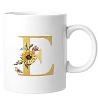 Monogram Letter E Coffee Mug Golden Letter Sunflower Flower Ceramic Coffee Mugs Inspired Monogram 11oz Novelty Coffee Mugs Retirement Gifts For Cappuccino Espresso Latte Milk Tea