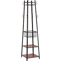 VECELO Industrial Coat Rack Stand, Hall Trees Freestanding, Entryway Clothes Stand with Metal Basket and 2 Shelves, Purse Hanger with 8 Dual Hooks for Hats Bags and Scarves