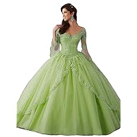 Women's Long Sleeve Tulle V Neck Quinceanera Dress A Line Lace Up Sweet 16 Ball Gown