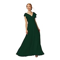 Women's Champagne High Waist Line Bridesmaid Dress with Ruffle Sleeves Chiffon Floor Length Flowing Bridesmaid Gown