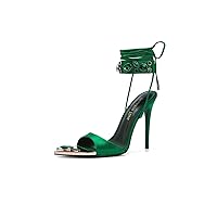 Frankie Hsu Women's Large Big Size Lace Up Luxury Crystal Rhinestone Green Gem Stiletto Satin High Heeled Sandals