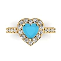 2.22ct Heart Cut Solitaire with Accent Halo Simulated Cubic Zirconia Blue Turquoise Modern Statement Ring 14k Yellow Gold