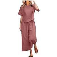 Two Piece Outfits Women Sleeveless Crop Tops Wide Leg Pants Sets Linen Outfit 2024 Trendy Casual Linen Lounge Set
