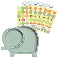 Sage Spoonfuls 7-Piece Feeding Set Suction Plate and Reusable Baby Food Pouches for Babies and Toddlers, 100% Silicone Divided Plate with Suction Base, 6-Pack BPA Free 7oz Reusable Food Pouches