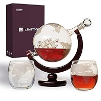 Kemstood Whiskey Decanter Sets for Men - Etched World Globe Design with Wood Stand & 2 Glass - Ideal for Dignified Drinking, Home Decor - Unique Whiskey Gifts for Men - 28 oz / 850 ml Capacity