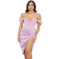 Women's Off Shoulder Bridesmaid Dresses for Women Ruched Satin Short Formal Gown Mermaid Prom Dress with Slit