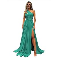 Women's One Shoulder Prom Dress with Slit Chiffon Pleated Long Formal Evening Gowns with Pockets