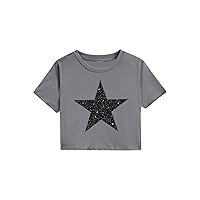 SweatyRocks Girl's Star Print Sparkle Glitter T Shirts Crew Neck Short Sleeve Tee Top