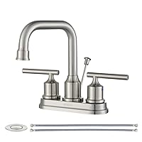 WOWOW Centerset Bathroom Faucet Brushed Nickel: 4 Inch Bathroom Sink Faucets with Lift Rod Drain Assembly Vanity Faucet 2 Handle High Arc Bathroom Taps Modern