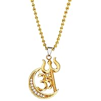 Religious Lord Shiva Om Trishul Locket Gold Brass, Cubic Zirconium Crystal Pendant Necklace Chain for Men and Women By Indian Collectible