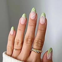 DOUBNINE Press On Nails Almond Short Medium Nude Light Green Swirl French Tip Matte French Full Cover Fake Nails Natural Acrylic Stick On Nails for Women