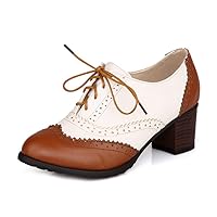 Women's Block Mid Heel Wingtip Oxfords Pumps Two Tone Perforated Lace Up Vintage Brogues Dress Shoes