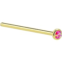 Body Candy Solid 14k Yellow Gold 2mm Brilliant Pink Synthetic Opal Straight Fishtail Nose Stud Ring 18 Gauge 17mm