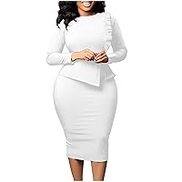 Women Long Sleeve Ruffle Bodycon Work Dresses Solid Slim Fit Ruched High Waist Business Casual Office Pencil Dress