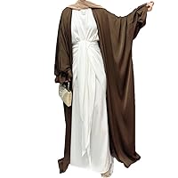Womens Bat Long Sleeve Muslim Long Maxi Dress Solid Satin Open Abaya Dubai Smooth Soft Long Dress