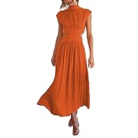Womens Summer Midi Dress Stand Collar Sleeveless Dress Defined Waist Hollow Ruffled Flowy Dresses with Pockets