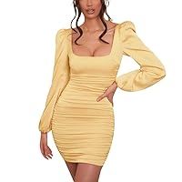 Women Elegant Square Neck Mini Dresses Solid Puff Long Sleeve Bodycon Ruched Cocktail Dresses Party