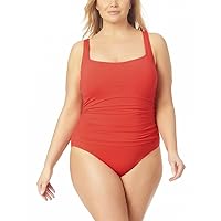 Anne Cole Plus Size Live in Color Square Neck Front Shirred Over The Shoulder One-Piece Red 20W