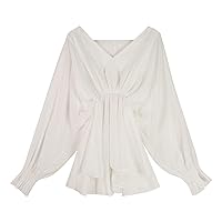 Women's Casual Puff Long Sleeve Tunic Tops V-Neck Pleated Flare Blouse T-Shirts Ruffle Chiffon Shirts with Smocked Cuffs