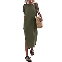 Women's Dresses 2024 Summer Solid Color T-Shirt Long Dress Round Neck Casual Loose Split Dress, S-3XL