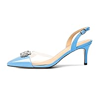 SAMMITOP Women's Slingback Heel Pumps Pointed Toe Low Kitten Heel Clear PVC with Rhinestones for Women Dress Wedding Party Shoes