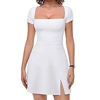 Womens Sexy Square Neck Trendy Dress Short Sleeve Stretchy Bodycon Side Flare Split Lined Mini Dress