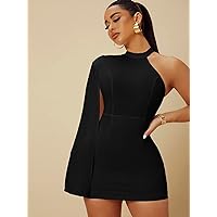 Summer Dresses for Women 2022 Asymmetrical Neck Slit Sleeve Bodycon Dress Dresses for Women (Color : Black, Size : Small)