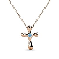 Petite Blue Topaz Solitaire Cross Pendant 14K Gold. Included 16 Inches 14K Gold Chain.