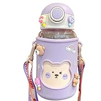 Cute Water Bottle with Straw and Stickers, Plastic Bear Water Cup for School Daily Travel Purple