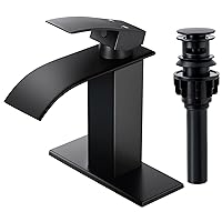 Qomolangma Waterfall Bathroom Faucet, Matte Black Modern Single Handle Bathroom Faucets for 1 or 3 Hole Bathroom Sink Faucet Mixer Tap Washbasin Faucet with Deck, Pop-up Drain and Supply Hoses