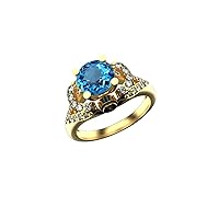 1.10 Ctw Round Natural Blue Topaz And Diamond Ring In 14k Solid Gold For Girls And Women 6 MM Topaz And 1.5 MM Diamond