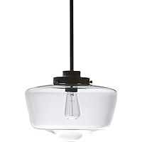 Schoolhouse Matte Black Metal Ceiling Pendant Fixture with Light Bulb and Clear Glass Shade ~ Provides an Eye Catching Retro Style to Any Room or Hallway