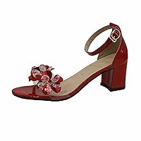 Women's Summer Shoes Crystal Decorate Low-Heeled Sandals Open Toe Thick-Heeled Ankle Strap High-Heeled Shoes (Color : Red, Size : 38)
