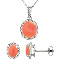 10k White Gold Diamond Natural Coral Oval Halo Earrings Necklace Set Oval 7x5mm & 11x9mm