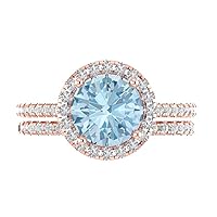 Clara Pucci 2.72ct Round Cut Halo Solitaire Genuine Natural Aquamarine Engagement Anniversary Wedding Ring Band set 18K Rose Gold