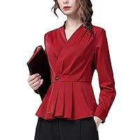 Office Ladies Red Satin Shirt Long Sleeve V-Neck Skinny Cinch Waist Top Female Formal Working Blouses
