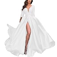 Long Sleeve Laces Prom Dress Satin V-Neck Formal Dresses with Slit A Line Wedding Evening Party Gowns