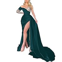 One Shoulder Long Sleeve Sequin Prom Dresses for Women Long Satin Mermaid Ruched High Split Formal Evening Gowns