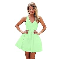 Women's Sleeveless V Neck Satin Ball Gown Lace Up Back A Line Short Homecoming Dress Fruit Green