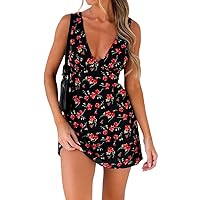 Women Y2K Bodycon Mini Dress Spaghetti Strap Floral Square Neck A Line Short Dress Ruffle Sleeve Lace Up Partywear